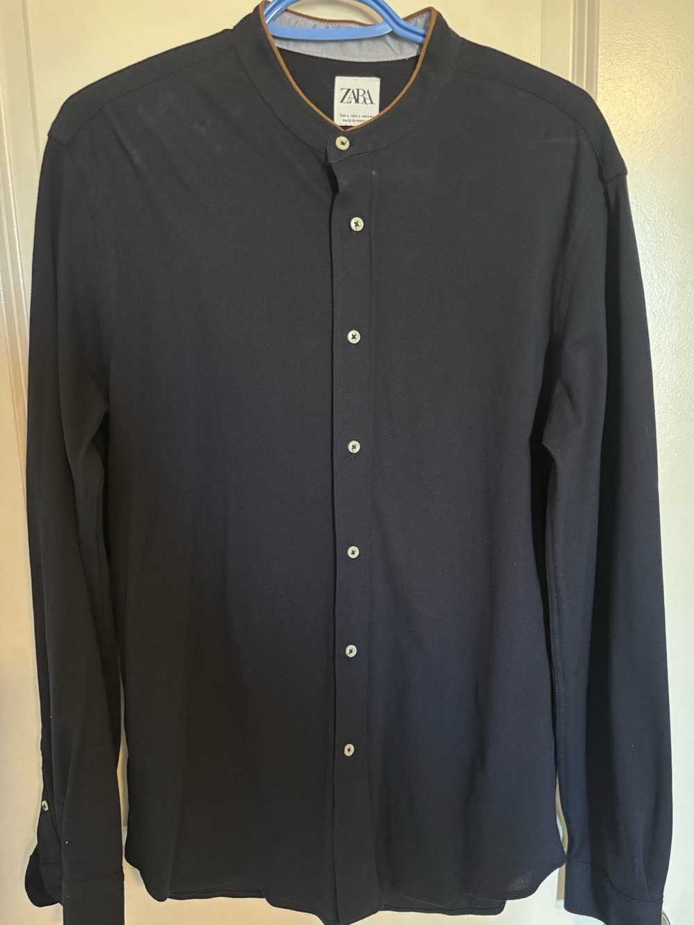 ZARA Navy Band-Collar collarless Long Sleeve button down with brown suede elbow
